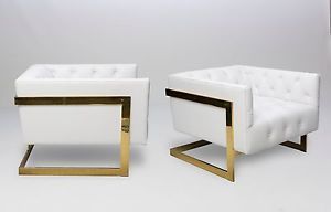 Pair of Milo Baughman Cube Lounge Chairs White Leather MCM Mid Century C1970s