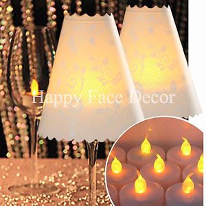 12 WINE GLASS SHADES Scalloped Lace Vellum 12 AMBER LED TEA LIGHTS WEDDING PARTY