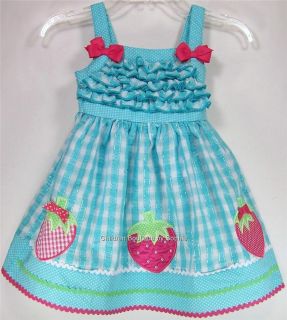 Youngland Infant Toddler Girls' Sundress Strawberry Turquoise Seersucker w Bow