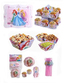 Disney Princess Birthday Party Set Snack Bowls Cupcake Stand Placemats Straws NW