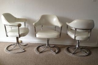 Lot of 3 Vintage 70s Mid Century Chrome Swivel Barrel Back Club Armchairs Chairs