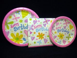 Cutsie Birthday Party Supplies Plates Napkins for 12 Butterflies Hearts Flowers