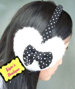 Cute White Lolita Heart Bow Fur Ear Warmer Muffs Hair Headband