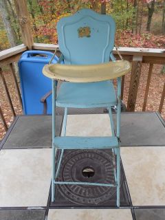 Vintage AMSCO Metal Baby Doll High Chair Blue White Complete Nice Condition