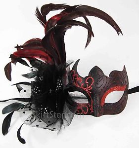 Venetian Half Face Mask Masquerade Feather Black Red Glitter Fancy Dress Ball
