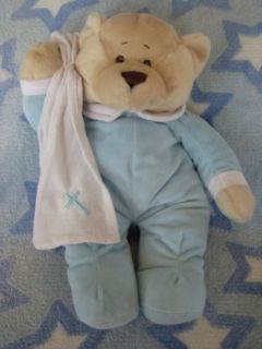 Baby Ganz Bath Time Bear Blue White Cross Blanket Plush Stuffed Tan Towel Teddy