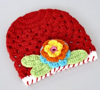 1pc Red Flower Handmade Knit Crochet Baby Beanie Hat Cap 18cmx16cm