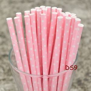 50 x Paper Party Straws Baby Light Pink White Polka Dots Wedding Birthday Shower