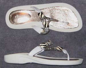 New Womens Frisky White Black Zebra Silver Beaded Flip Flop Sandals Sz 9