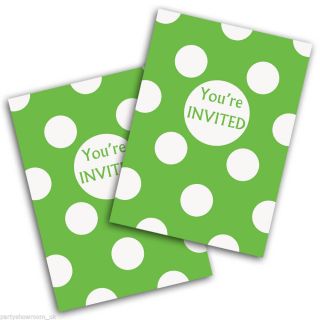 8 Green White Polka Dot Spot Style Party Invitations Invites Plus Envelopes