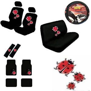 15pc Set Seat Covers Cute Red Ladybugs Black Floor Mats Wheel Belt Head Pads