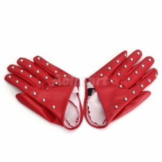 Fashion Womens Warm Rivet Half Palm Full Finger PU Leather Gloves Party Red M