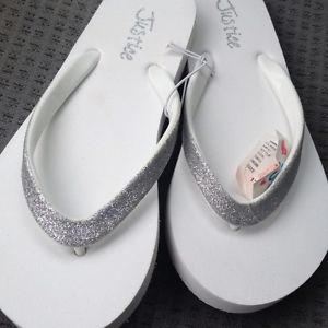 Justice White with Silver Glitter Flip Flops Shoes Size 13 1 Vacation