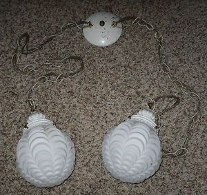 Vintage Double Swag Hanging Ceiling Light Fixture with White Draped Glass Globes