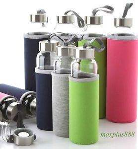 Glass Travel Sport Water Bottle 18 5oz 0 55L with Cup Sleeve Eco Green