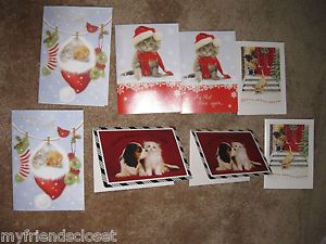 New Eight Puppies Dogs and Cats Christmas Holiday Greeting Cards Fancy Envelopes