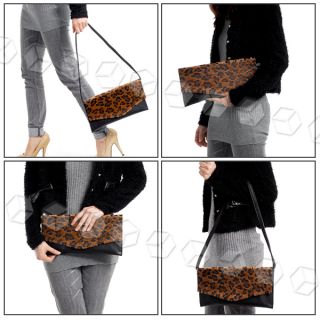 Faux Fur Leopard Pattern Animal Print Evening Handbag Purse Clutch Shoulder Bag