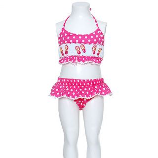 Toddler Girls Size 2T Pink Polka Dot Smocked Flip Flop 2pc Swimsuit