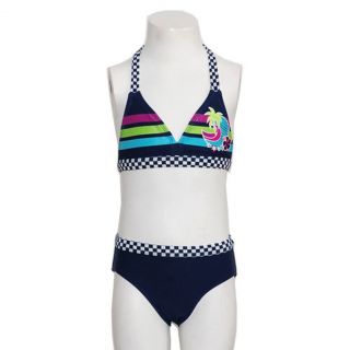 Girls Size 14 Navy Multi Color Check Stripe 2pc Bikini Swimsuit