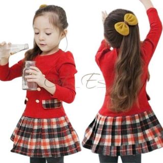 New Kids Toddlers Girls Lovely Plaid Long Sleeve Cotton Pleated Skirt Dress 3T 7