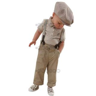 2pcs Baby Boy Outfit Clothes Striped T Shirt Bib Pants Overalls 6 12 Month DJ