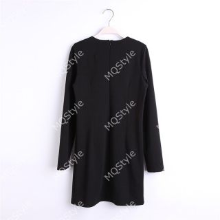 Womens Fashion White Black Splice Long Sleeve Crewneck Bodycon Dress B3239