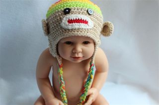 Lovely Handmade Baby Child Crochet Sock Monkey Hat Photograph Multi Color Beige