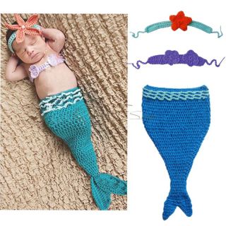 3pcs Infant Girl Kid Baby Knit Crochet Little Mermaid Costume Photo Prop Outfit