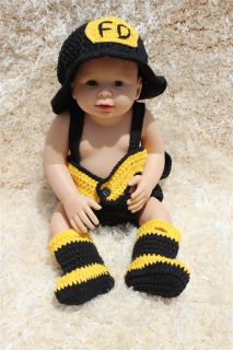 New Cute Handmade firemen Baby Knit Crochet Hats Nappy Shoes Newborn Photo Prop