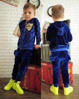 Trendy Boys Girls Sequin Hoodies Metal Zipper Coat Harem Pant Kids Velour Suits