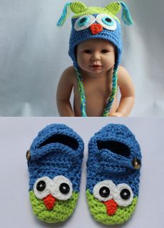 Cute Handmade Knit Crochet Green Blue Owl Baby Hats Boots Newborn Photo Prop