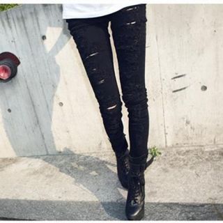 Women Black Cut Out Punk Ripped Jeans Sexy Skinny Leggings Jeggings Trousers New