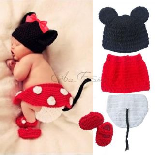 Minnie Photo Props Costume Outfit Baby Girls Knit Crochet Hat Skirt Pants Shoes