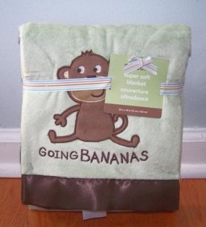 Carter's Brown Monkey Going Bananas Green Super Soft Baby Blanket Satin Edges