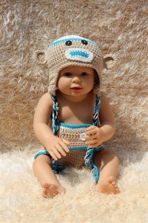 Handmade Knit Crochet Blue Sock Monkey Baby Hats Shoes Nappy Newborn Photo Prop