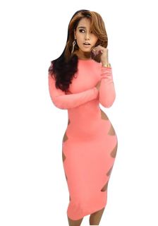 2014 Bandage Hollow Out Long Sleeve Bodycon Dress Sexy Women Pink Club Dresses