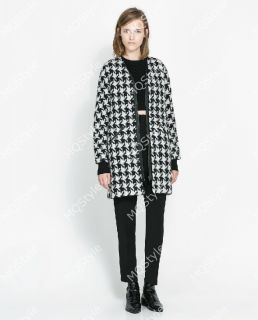 New Womens European Fashion Houndstooth Crewneck Zip Trench Coat Jacket B3238C