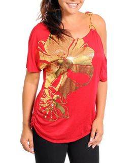 Red Metallic Gold Floral Sexy Split Shoulder Plus Party Club Cruise Top