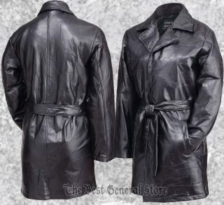 Womens Ladies Black Genuine Leather Jacket 3 4 Length Coat Duster Wrap Belt Tie