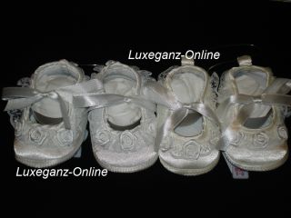 A Pair of New Baby Girl Satin Pram Crib Shoe Age 0 12M Rosette Lace Trim Party