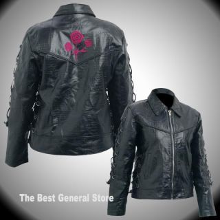Black Leather Rose Jacket Biker Motorcycle Ladies Women