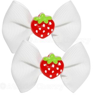 White Strawberry Bow Hair Clips Barrettes Rockabilly Pin Up Cute Girly Retro