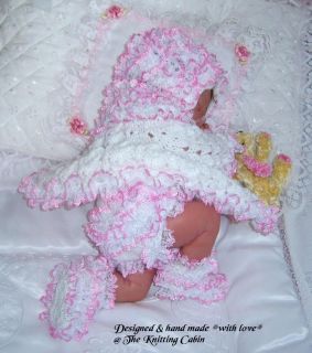 Knitted 4PCE Pink Lace Trimmed Matinee Pram Set for 14" 15" Reborn Baby Girl