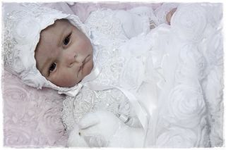 Reborn Baby White French Roses Beaded Lace Gown Dress Bonnet Christening