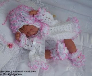 Knitted 4PCE Pink Lace Trimmed Matinee Pram Set for 14" 15" Reborn Baby Girl
