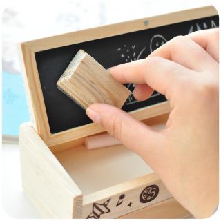Wooden Drawer School Pen Pencil Box Case Vase Wood with Blackboard Chalks Brush
