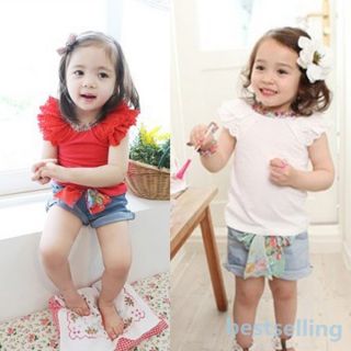 Girls Outfits Toddlers Kids Ruffled Sleeves T Shirt Bow Knot Jeans Pants 1 6Y