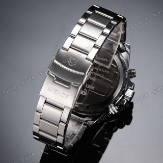 Stainless Steel Black LED Light Digital Analog Stopwatch Alarm Light Wrist Watch