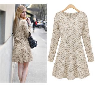 New Womens European Fashion Lace Round Neck Long Sleeve Sweet Dress 2 Color L173