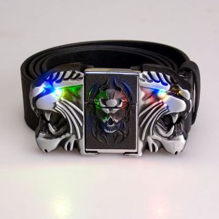 New 3D Skull Lighter Flashing LED Light Roar Lion Buckle Men's Leather Belt Gift